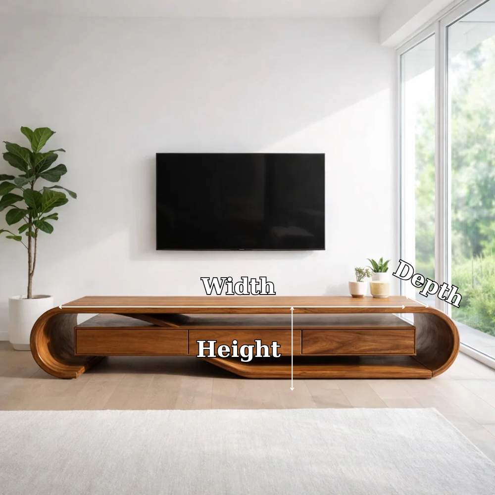 Solid Wood Media Console with Sculptural Curved Frame & Drawers, Modern TV Stand
