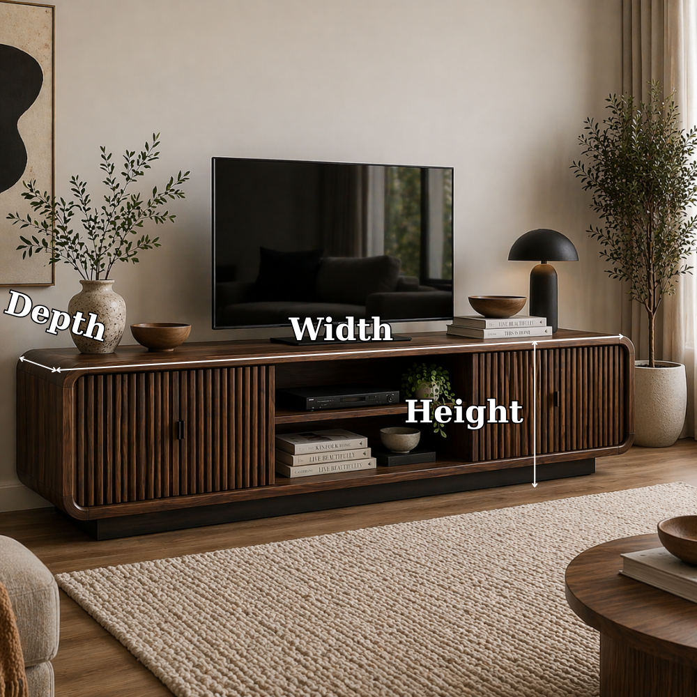 Modern Solid Wood TV Cabinet with Slatted Doors & Open Shelf Storage