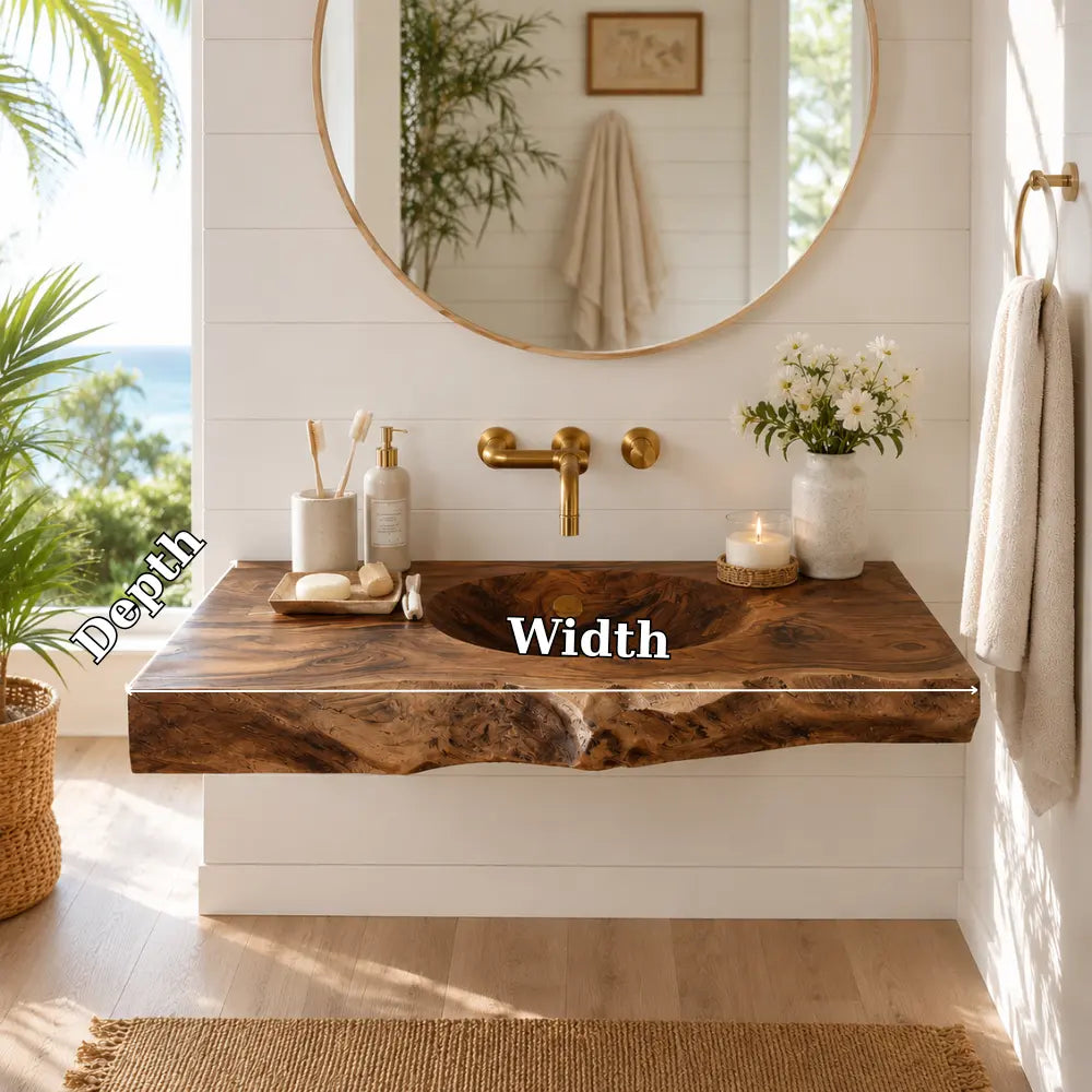 Live Edge Wood Sink Vanity | Solid Wood Floating Vanity with Carved Sink Kitchnce