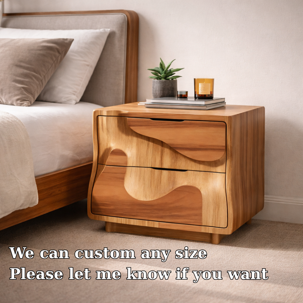 Modern Solid Wood Nightstand with 2 Drawers – Sculptural Bedside Table Storage