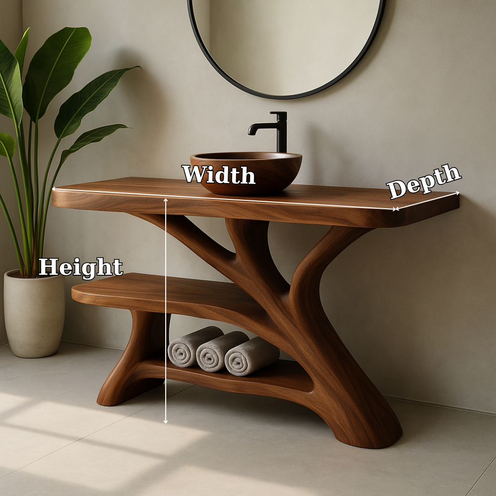 Handcrafted Solid Wood Bathroom Vanity – Modern Organic Design with Sculptural Branch Base Kitchnce