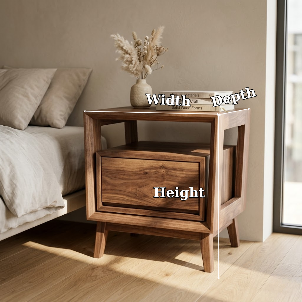 Solid Wood Nightstand - Modern Architectural Bedside Table with Floating Drawer