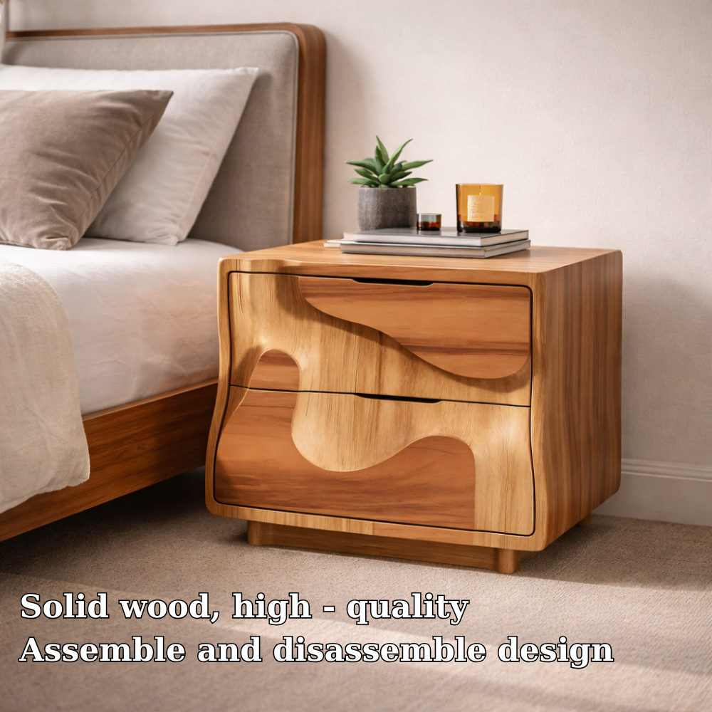 Modern Solid Wood Nightstand with 2 Drawers – Sculptural Bedside Table Storage