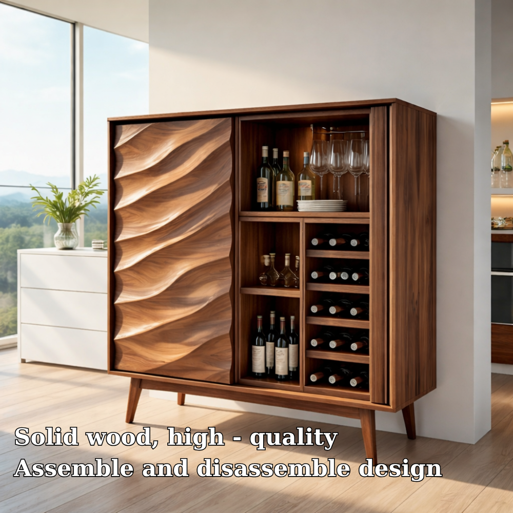 Modern Solid Wood Bar Cabinet with Wine Rack & Sculpted Door – Mid Century Home Bar Storage