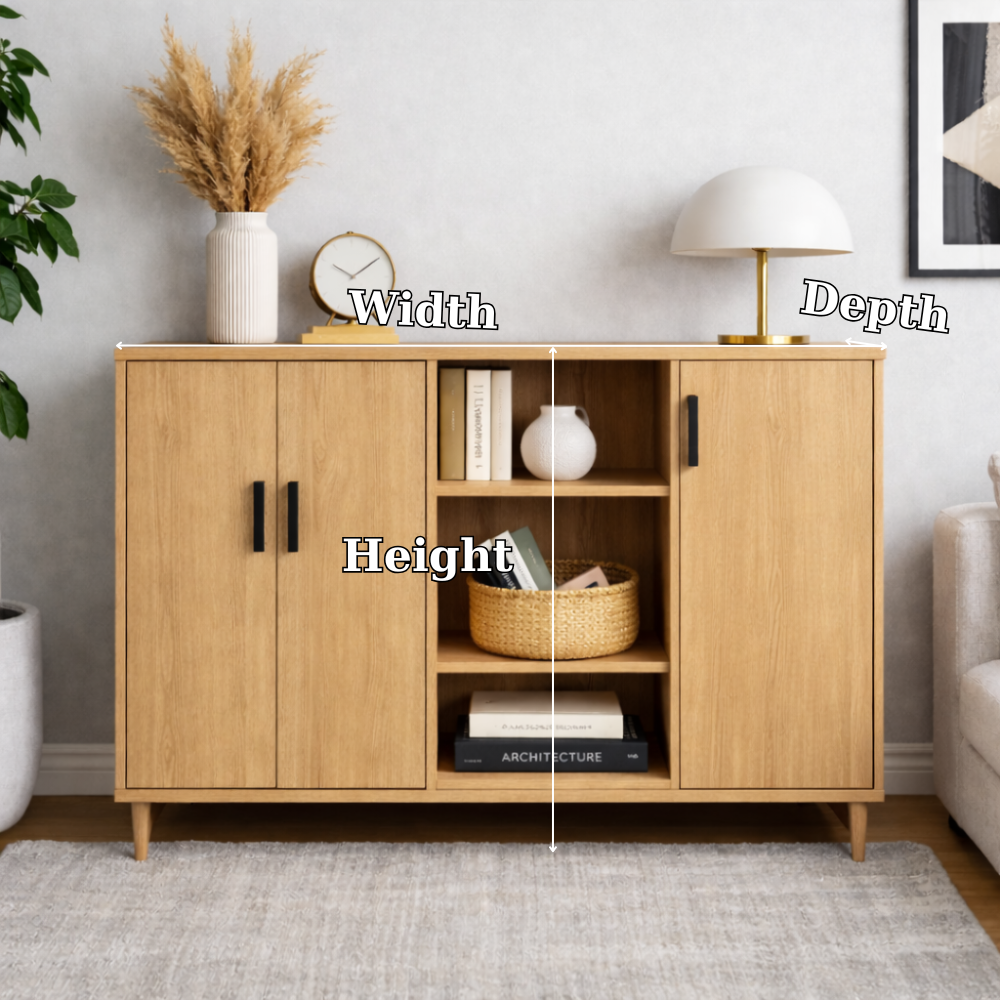 Solid Wood Console Cabinet with Double Doors & Open Shelf Storage – Modern Design