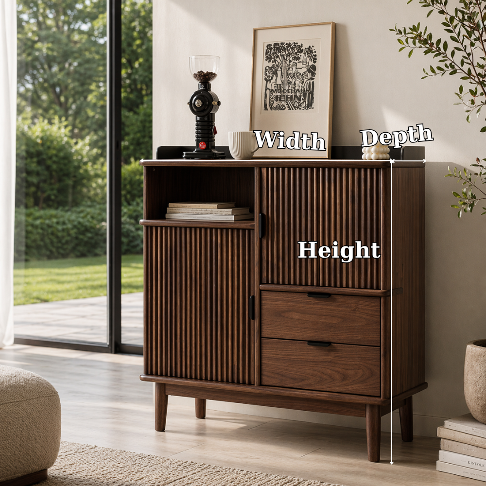 Solid Wood Console Sideboard with Fluted Doors – Mid Century Modern Storage Cabinet