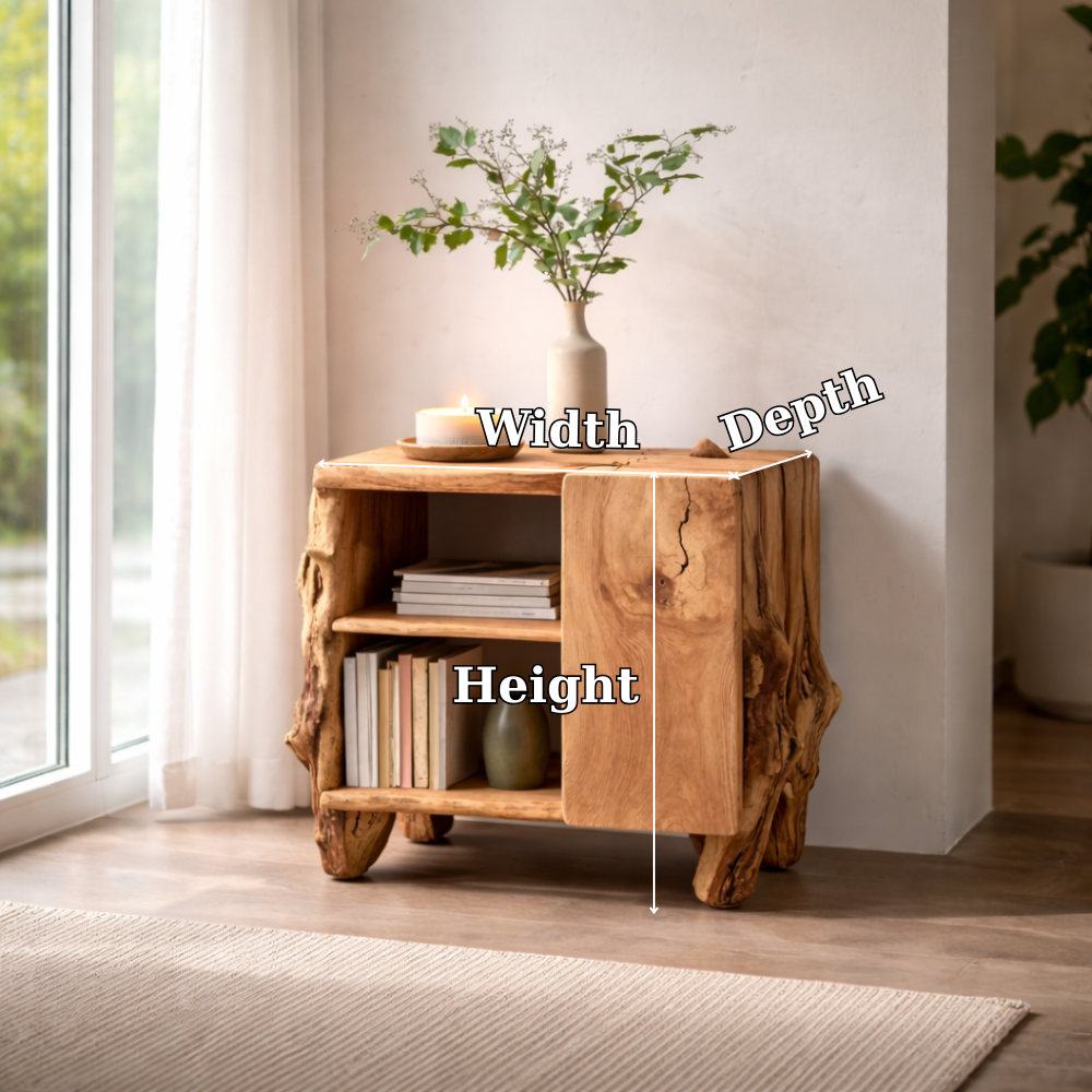 Rustic Solid Wood Nightstand with Shelf – Live Edge Bedside Table Storage