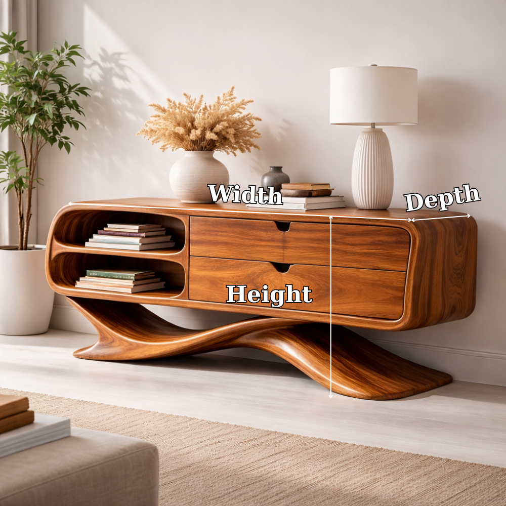 Solid Wood Sculptural Console Cabinet with Drawers & Open Shelf – Modern Curved Base