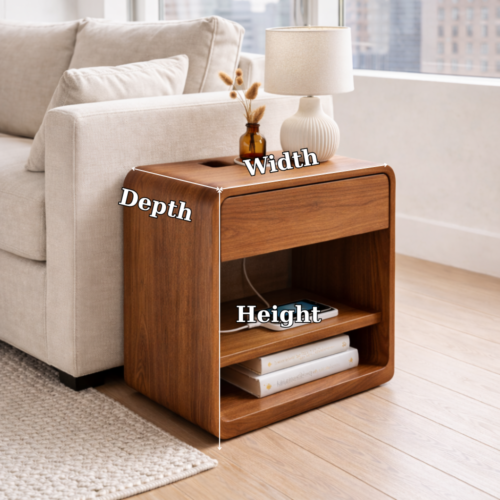 Solid Wood End Table with Drawer and Shelf – Modern Bedside Side Table with Storage Kitchnce