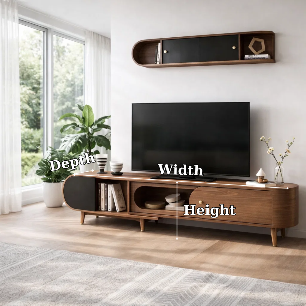 Mid Century Solid Wood TV Console with Cabinets & Open Shelf Storage