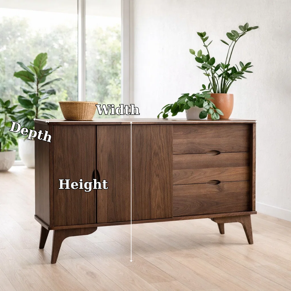Mid Century Sideboard Cabinet with Drawers and Sliding Doors – Storage Console