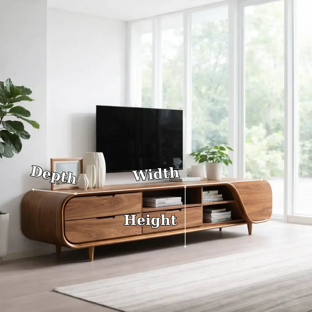 Solid Wood TV Cabinet Modern Curved Media Console with Drawers Kitchnce