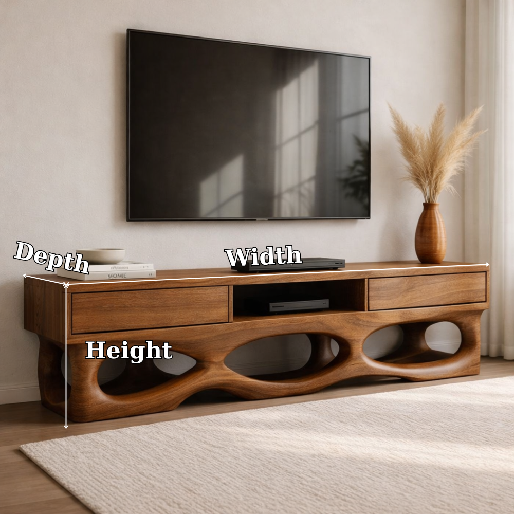 Solid Wood TV Cabinet with Sculptural Base and Storage Drawers