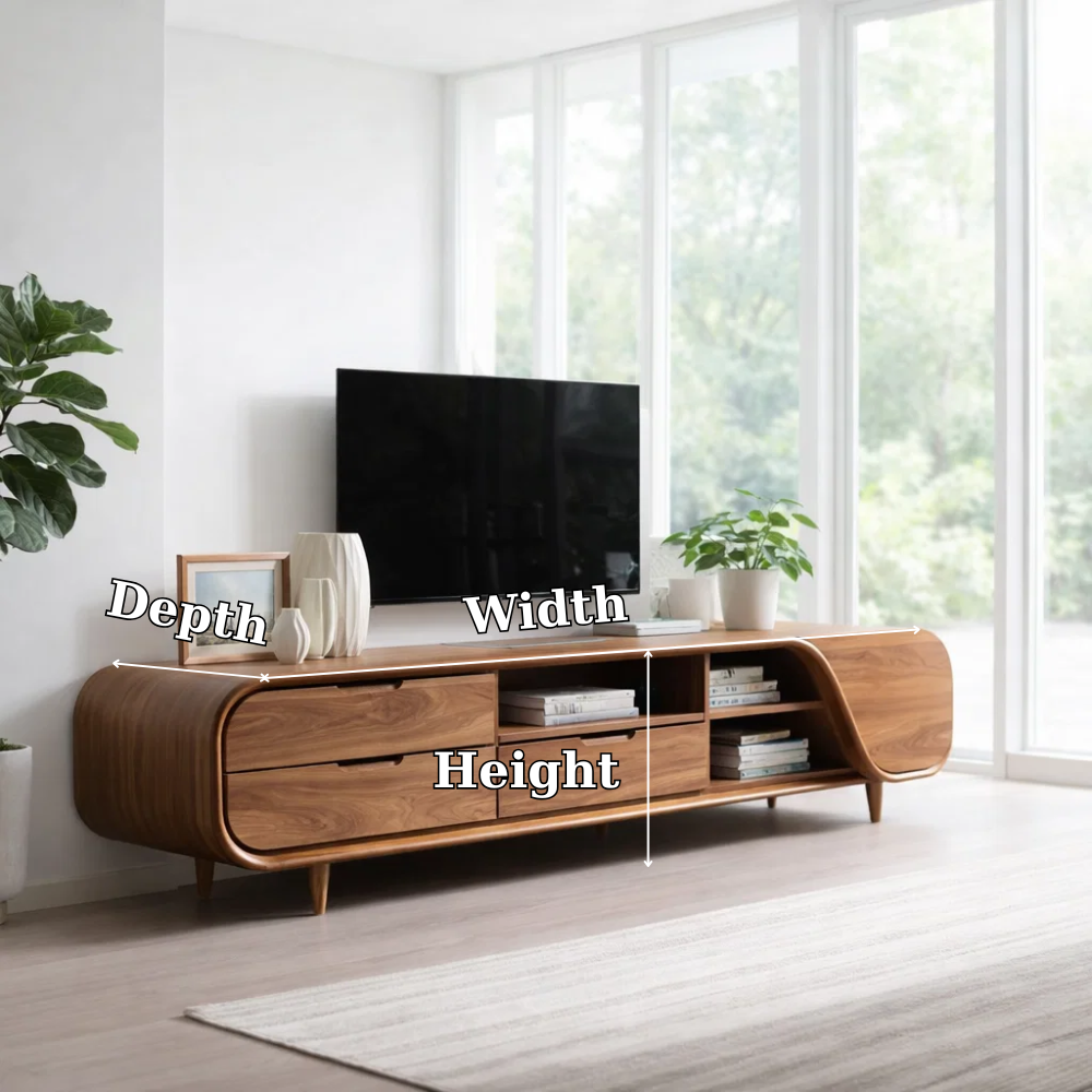 Solid Wood Media Console with Curved Ends & Drawers, Modern TV Stand Cabinet