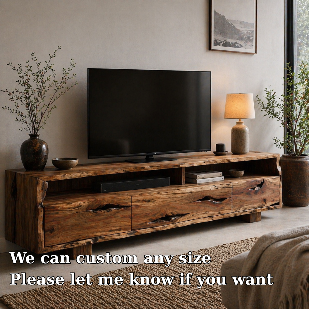 Solid Wood Media Console with Live Edge, Rustic Modern TV Stand with Storage