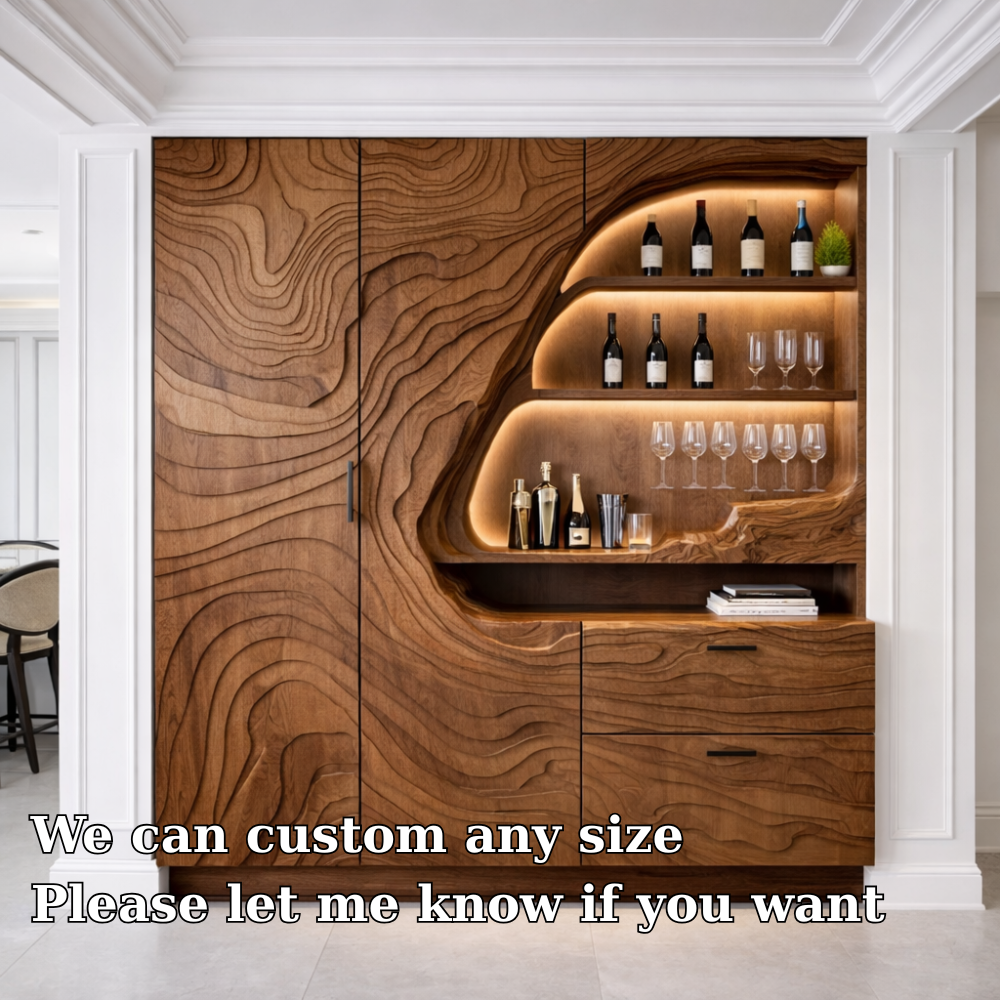 Luxury Solid Wood Bar Cabinet with Sculpted Wood Panels & LED Display Shelves