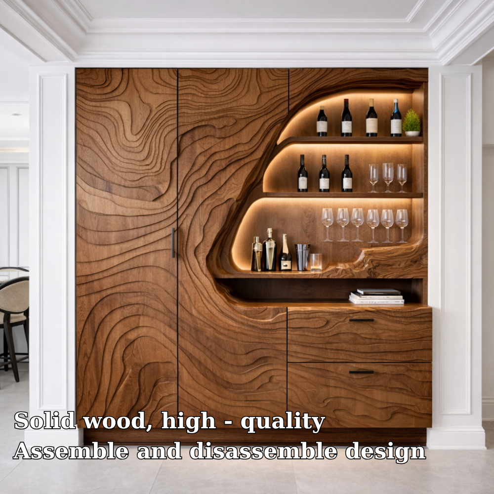 Luxury Solid Wood Bar Cabinet with Sculpted Wood Panels & LED Display Shelves