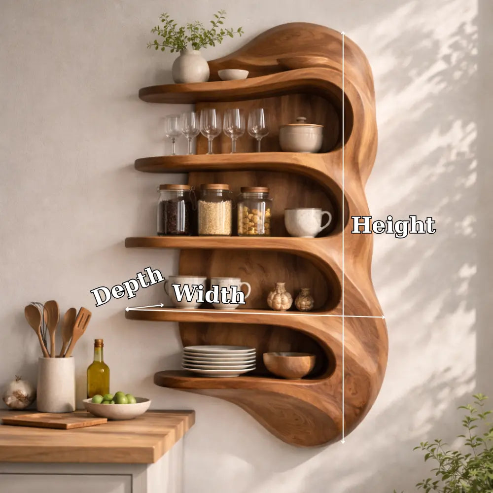 Solid Wood Curved Kitchen Cabinet Shelf – Floating Organic Wall Storage Display Kitchnce