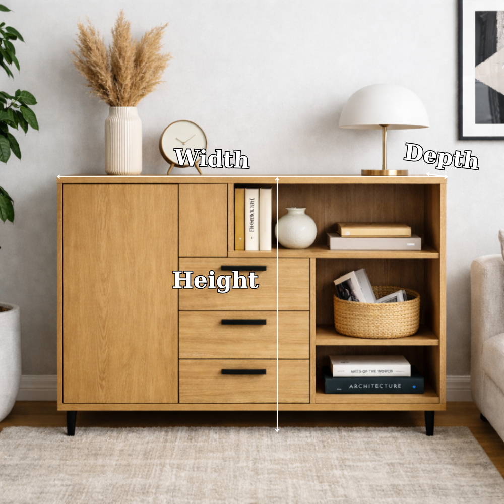 Modern Solid Wood Console Cabinet with Drawers, Door & Open Shelf Storage