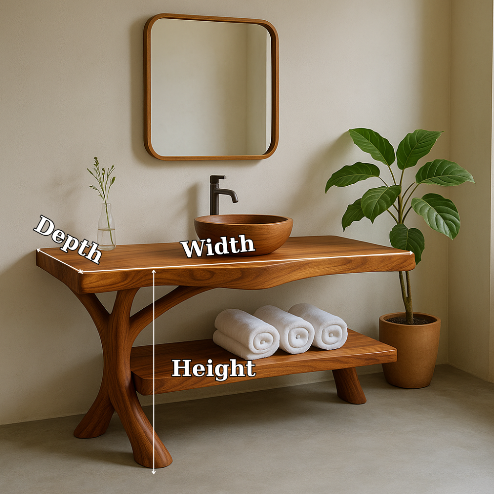 Handcrafted Solid Wood Bathroom Vanity – Organic Curved Design with Shelf for Towels Kitchnce
