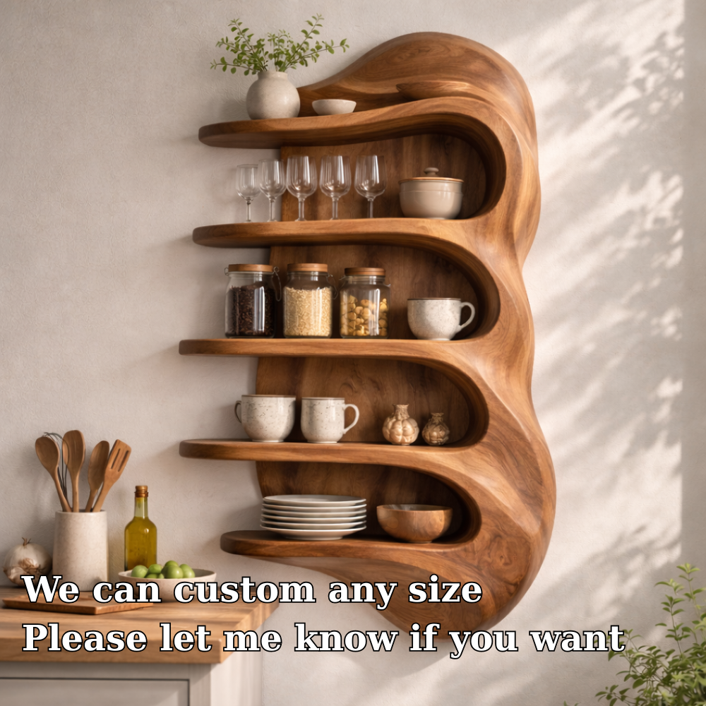 Solid Wood Curved Kitchen Cabinet Shelf – Floating Organic Wall Storage Display
