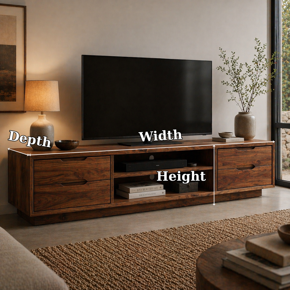 Solid Wood Media Console with Drawers, Modern Low TV Stand with Open Shelf Storage