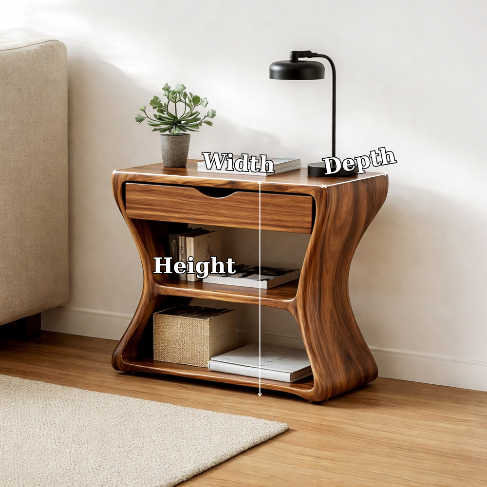 Solid Wood End Table with Drawer and Shelves – Modern Walnut Bedside Side Table Kitchnce