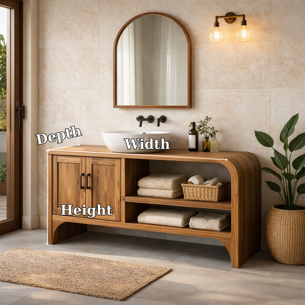 Solid Wood Bathroom Vanity Cabinet with Open Shelf and Double Doors Storage