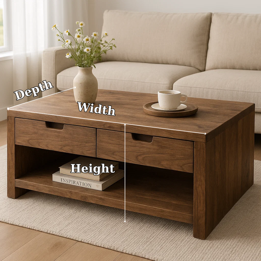 Solid Wood Coffee Table with Drawers and Open Shelf Rustic Living Room Table