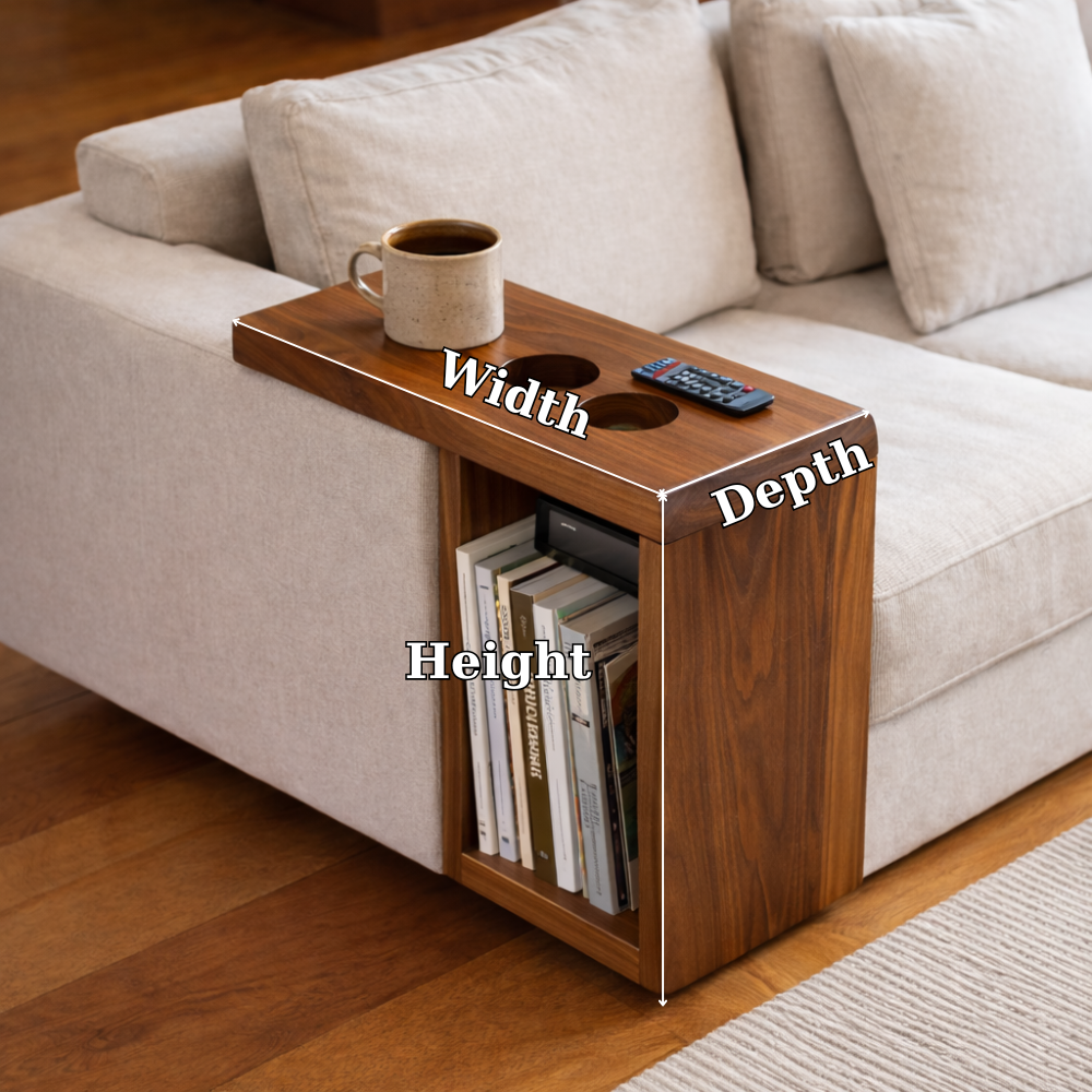 Solid Wood Sofa Armrest Table with Cup Holders – Couch Arm Tray with Storage Kitchnce