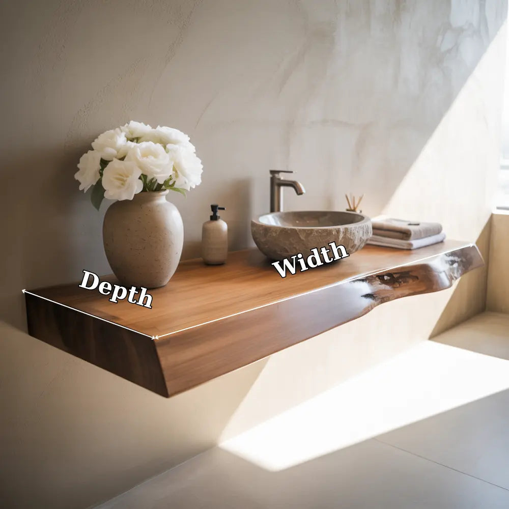 Live Edge Floating Vanity Shelf | Solid Wood Single Sink Bathroom Counter Kitchnce