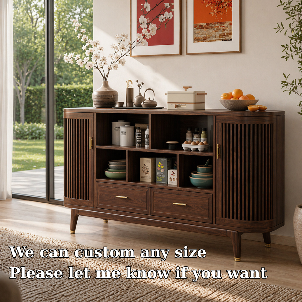 Mid Century Solid Wood Console Sideboard with Slatted Doors – Walnut Storage Cabinet