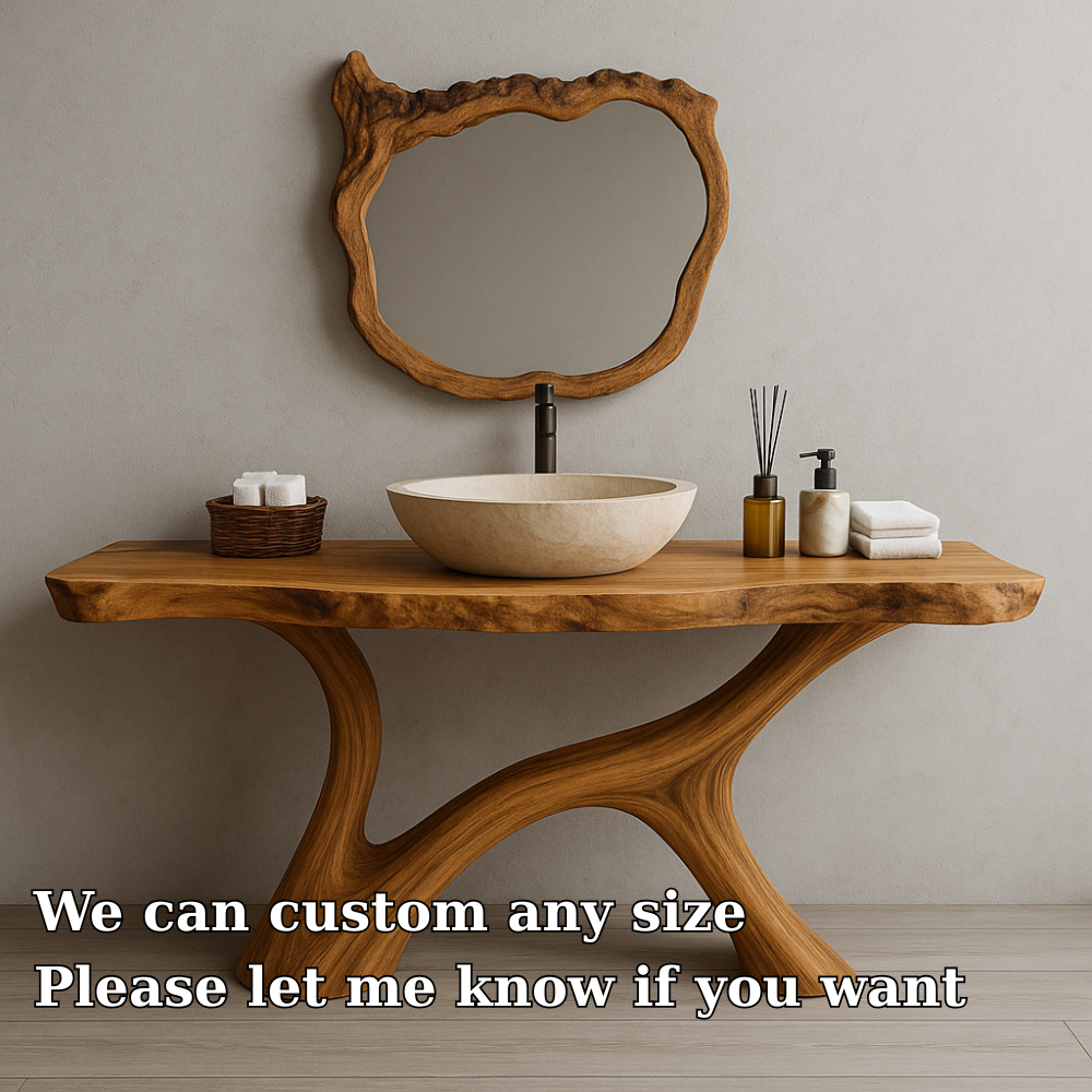Handcrafted Solid Wood Bathroom Vanity – Organic Live Edge Design with Artistic Mirror Set Kitchnce