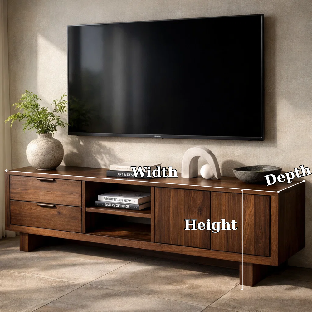 Solid Wood TV Cabinet with Drawers, Doors & Open Shelf – Modern Media Console