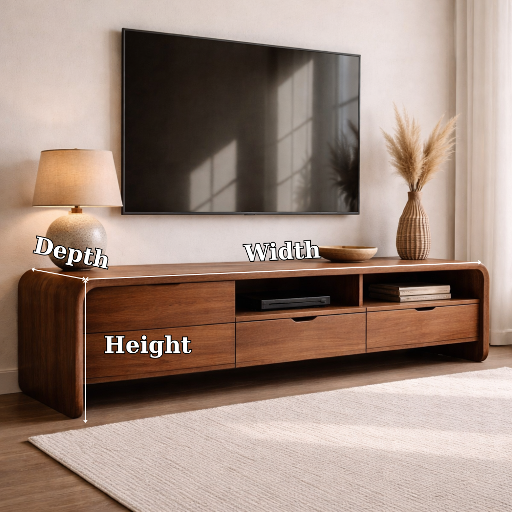 Solid Wood TV Cabinet with Drawers and Open Shelf Storage