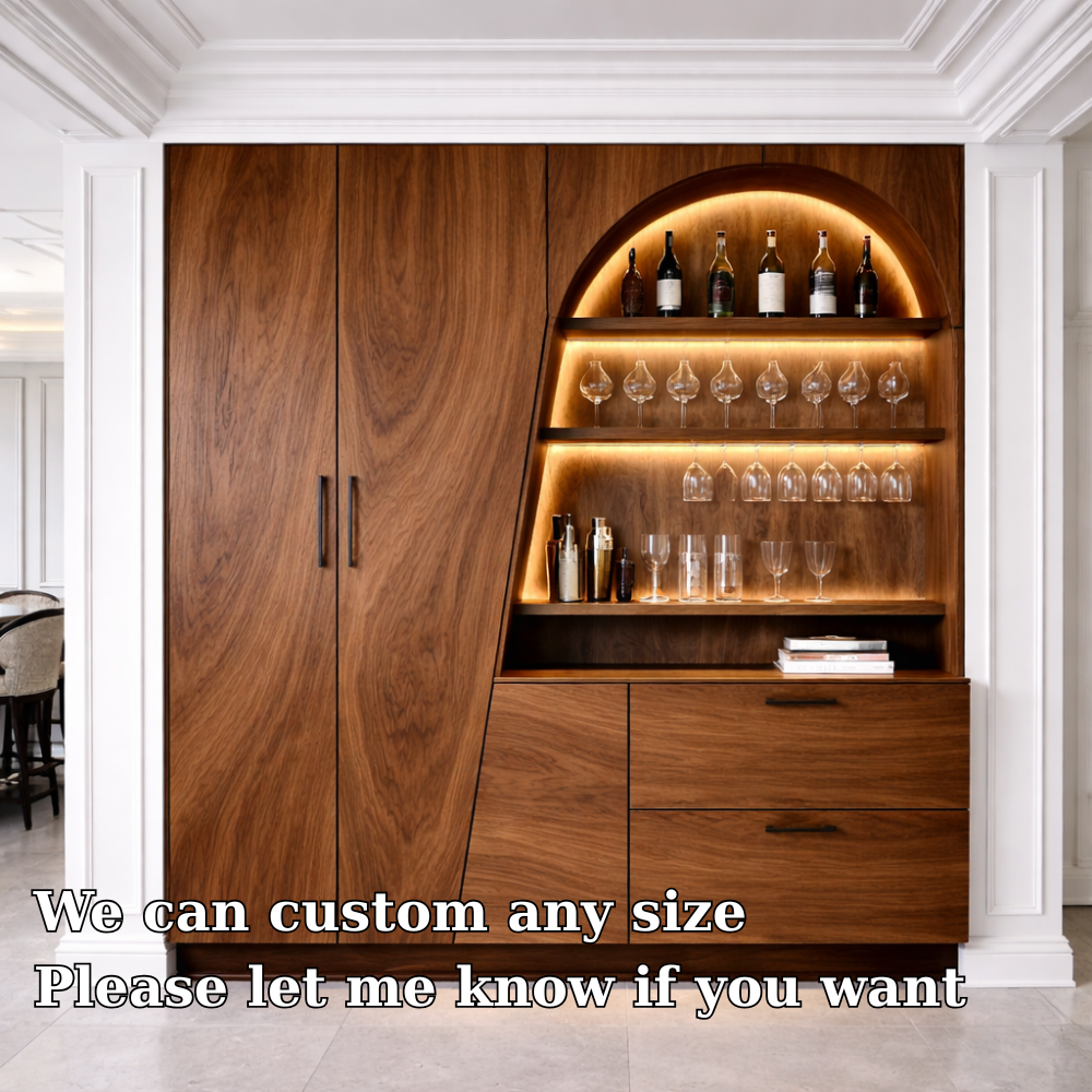 Luxury Solid Wood Bar Cabinet with LED Display Shelves & Storage – Modern Home Bar Unit