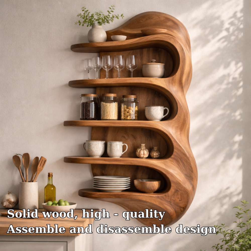 Solid Wood Curved Kitchen Cabinet Shelf – Floating Organic Wall Storage Display