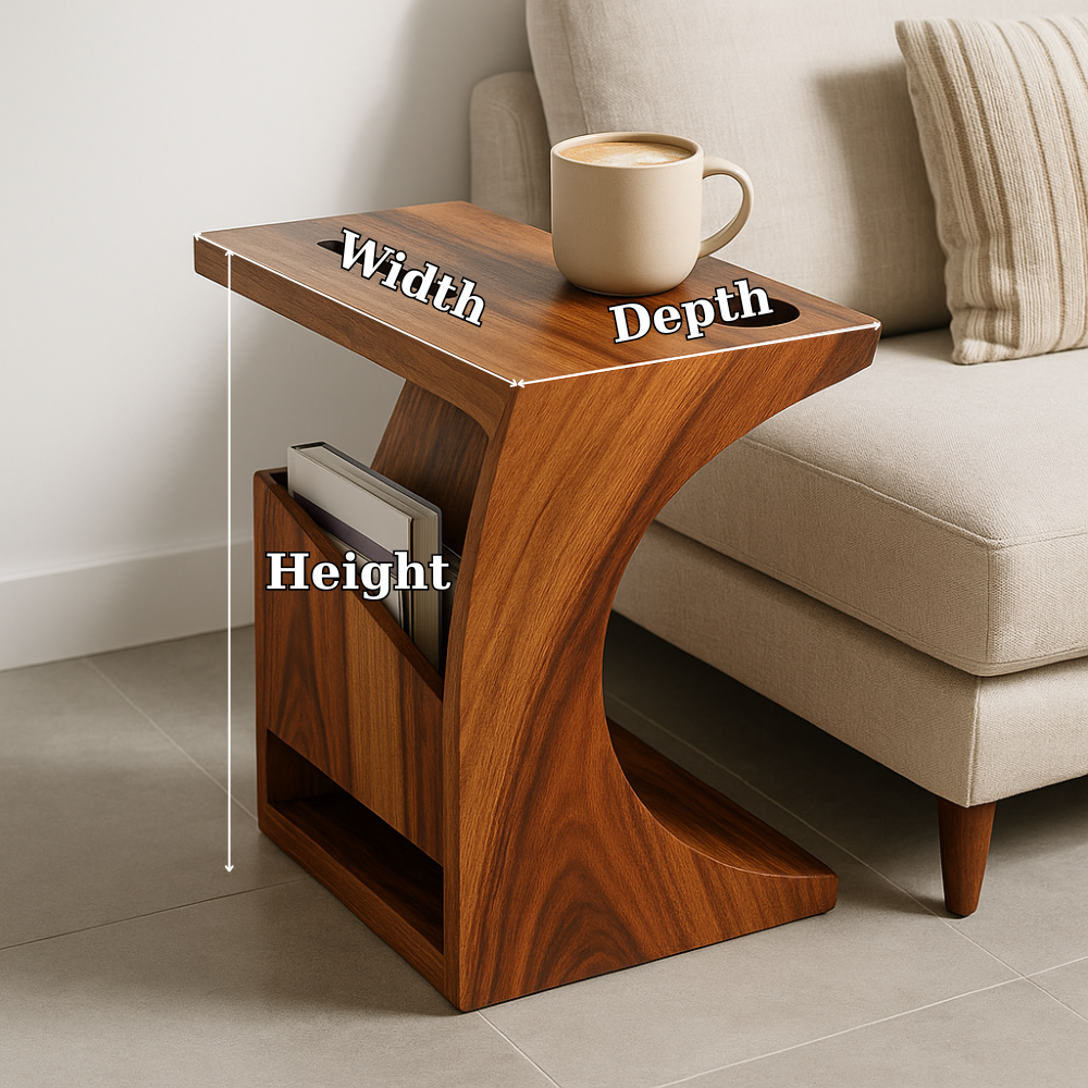 Handcrafted Solid Wood Armrest Table with Cup Holder & Magazine Storage Kitchnce