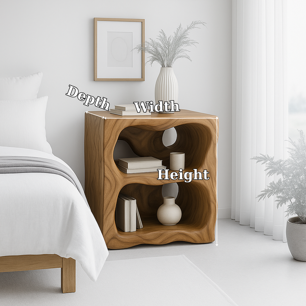 Handcrafted Solid Wood Nightstand – Organic Sculpted Bedside Table with Open Shelves Kitchnce