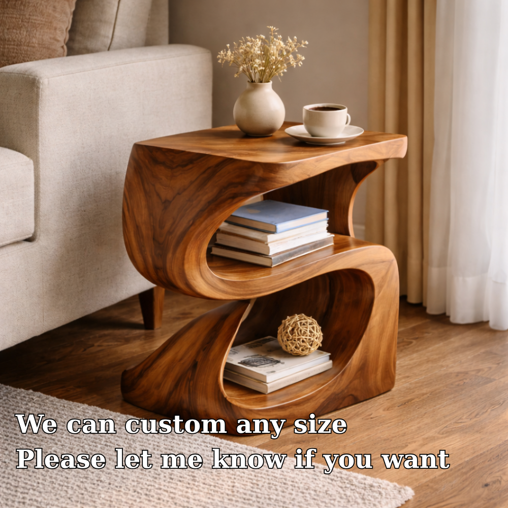 Solid Wood Sculptural End Table with Open Shelf – Modern Curved Side Table