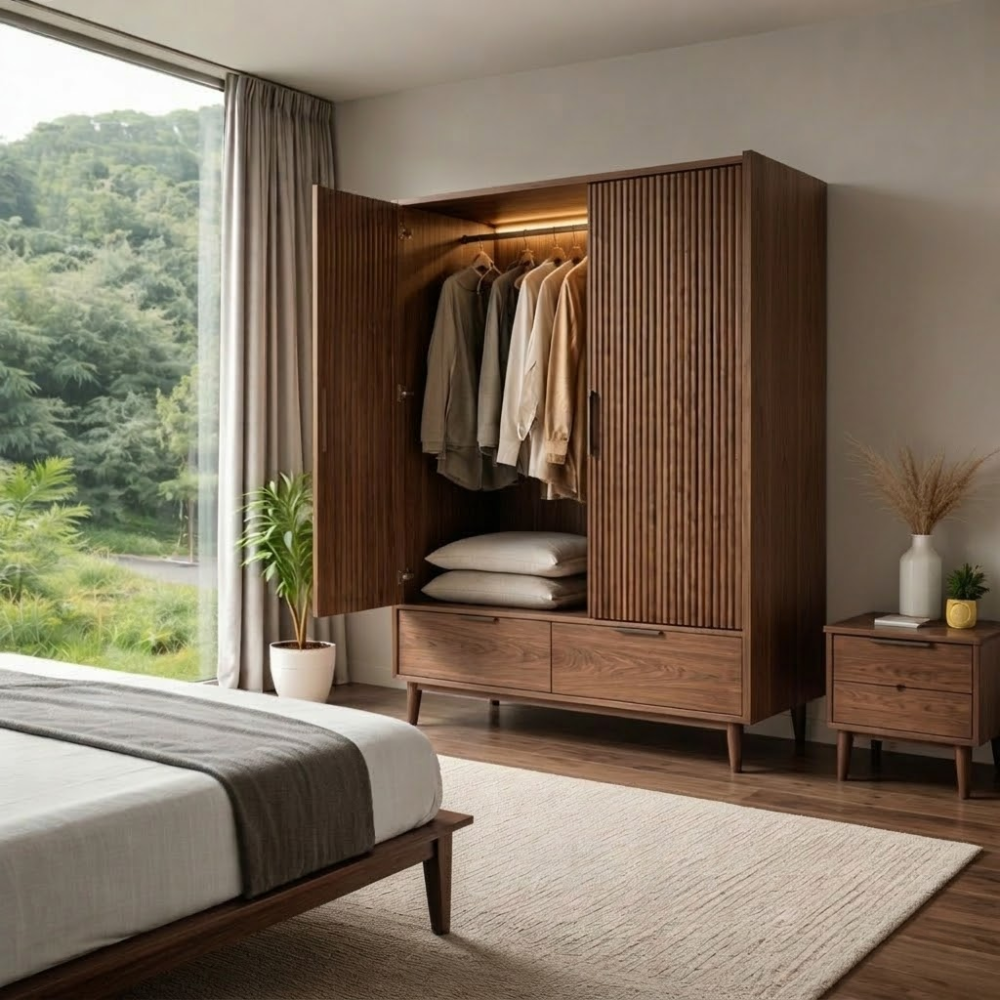 Solid Wood Wardrobe with Slatted Doors and Drawers – Modern Bedroom Closet