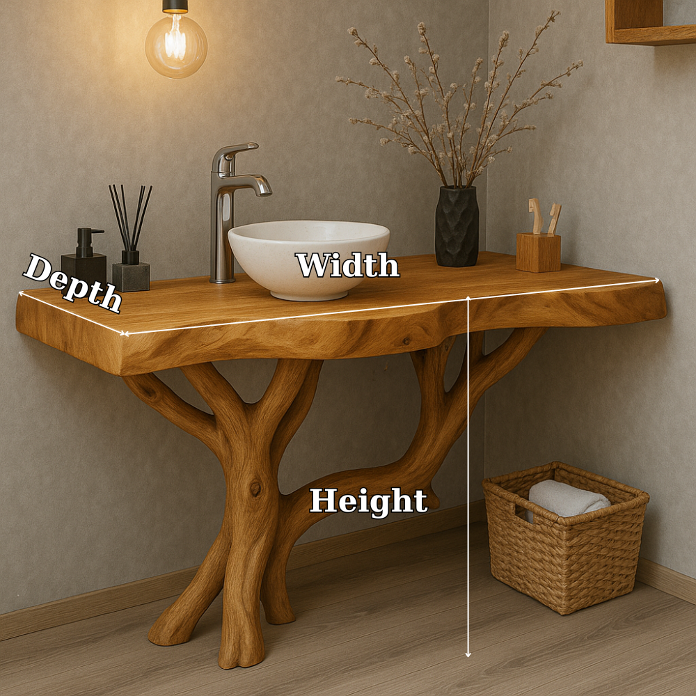 Handcrafted Solid Wood Bathroom Vanity – Organic Live Edge Design with Tree-Inspired Base Kitchnce