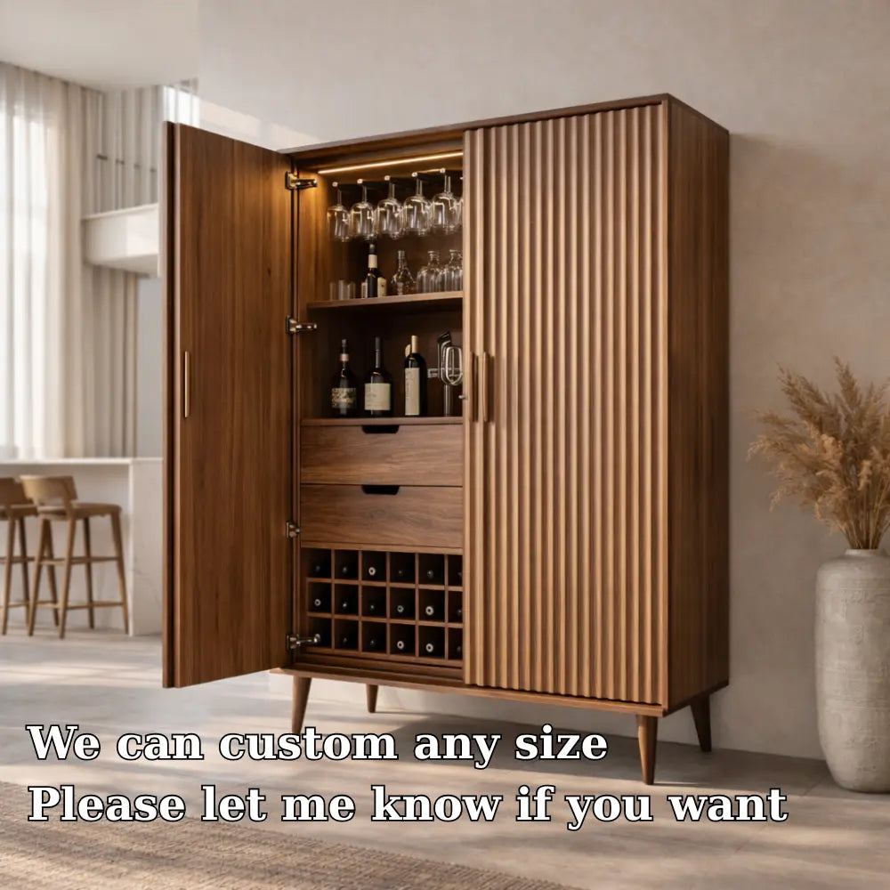 Solid Wood Bar Cabinet with Fluted Doors, Wine Storage & Glass Rack – Modern Home Bar Kitchnce