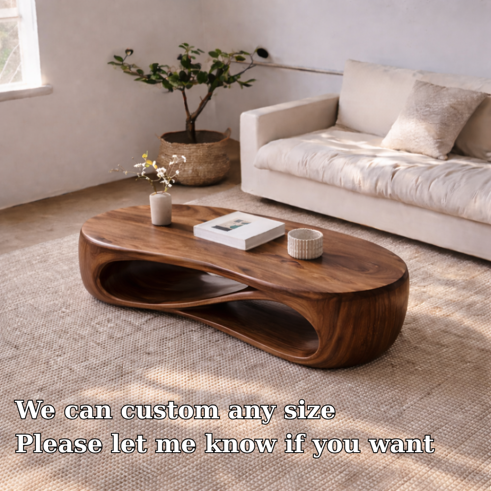Solid Wood Sculptural Coffee Table with Curved Storage Shelf – Modern Living Room Table Kitchnce