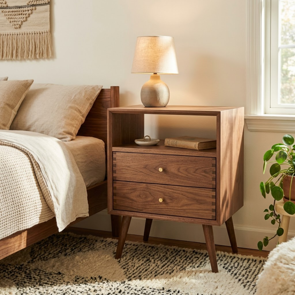 Solid Nightstand - Mid-Century Modern Bedside Table with Open Shelf & 2 Drawers
