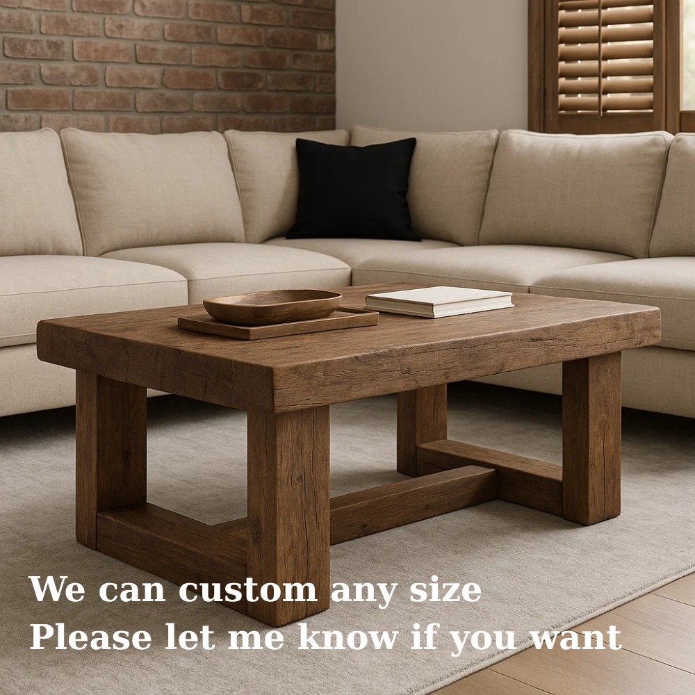 Handcrafted Solid Wood Coffee Table – Rustic Modern Center Table with Chunky Base and Natural Grain Finish for Living Room Kitchnce