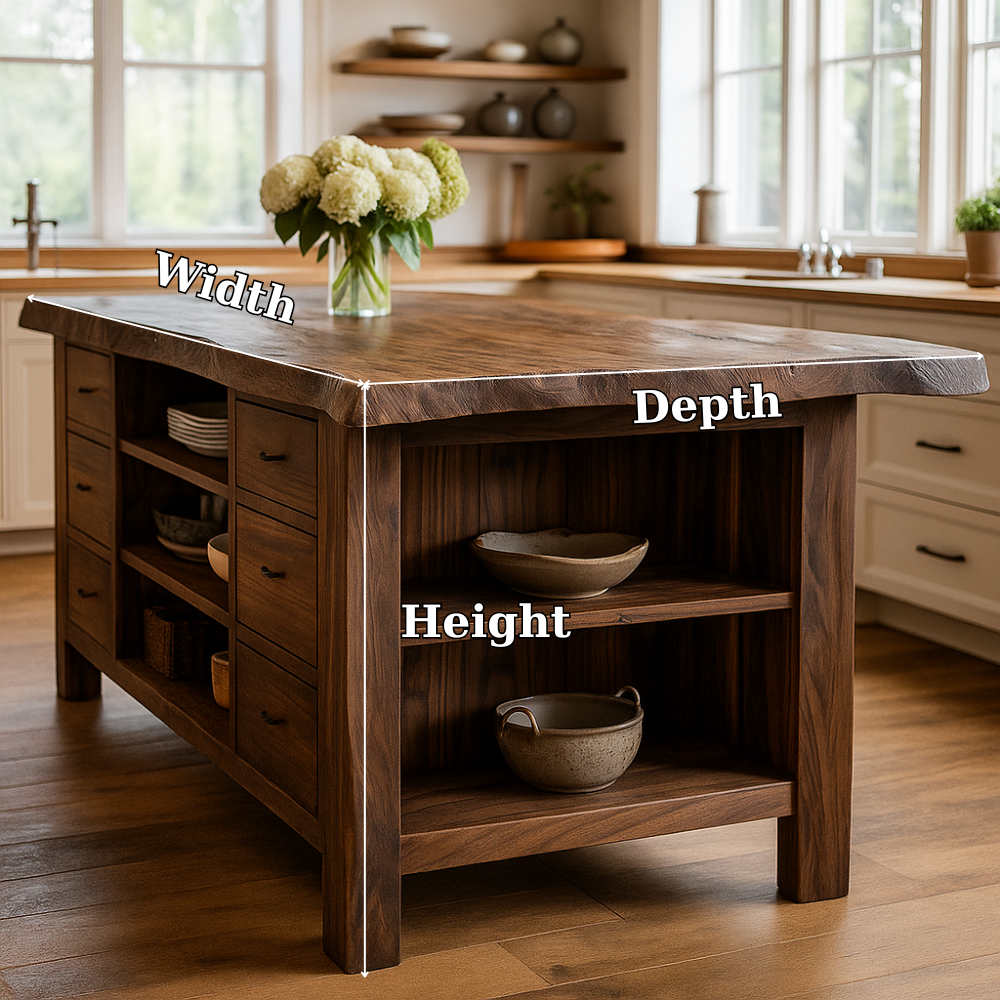 Rustic Solid Wood Kitchen Island with Live Edge Top, Storage Drawers & Open Shelving