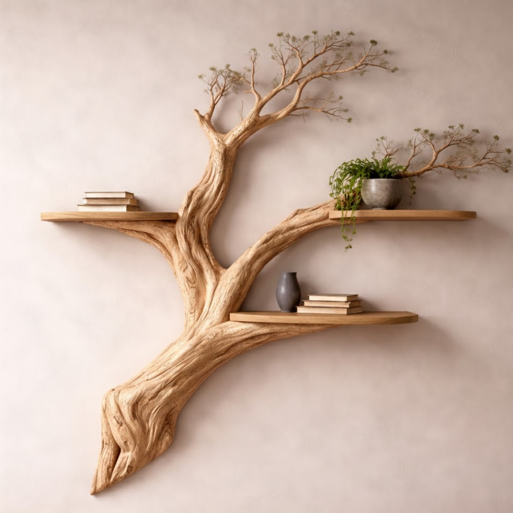 Handcrafted Solid Wood Tree Branch Wall Shelf - Rustic Floating Bookshelf & Kitchen Decor