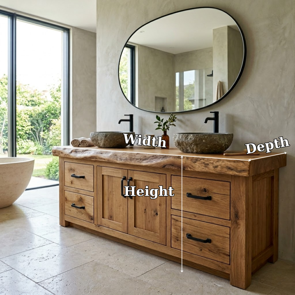 Rustic Oak Bathroom Vanity Double Sink Cabinet Live Edge Solid Wood Storage Unit