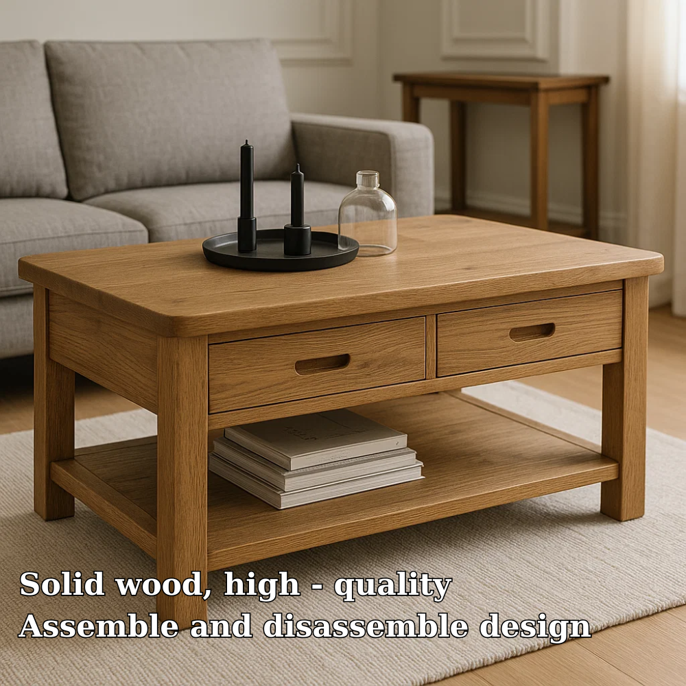 Solid Wood Coffee Table with 2 Drawers and Shelf – Modern Oak Living Room Coffee Table